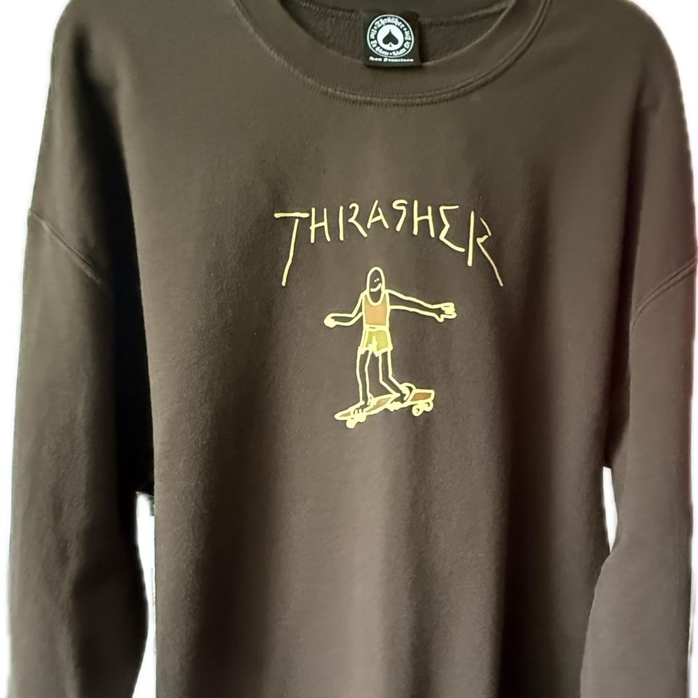 Thrasher Brown Crewneck Sweater with Skateboarding Logo